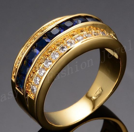 แหวนทองผู้ชาย แหวนทอง ใส่ออกงาน แหวนผู้ชาย ฝังเพชร พลอย สีน้ำเงิน Sapphire เรียงแถว สลับ เพชร CZ AAA 1 แถว แหวนใส่ออกงาน ประดับบารมี 243135
