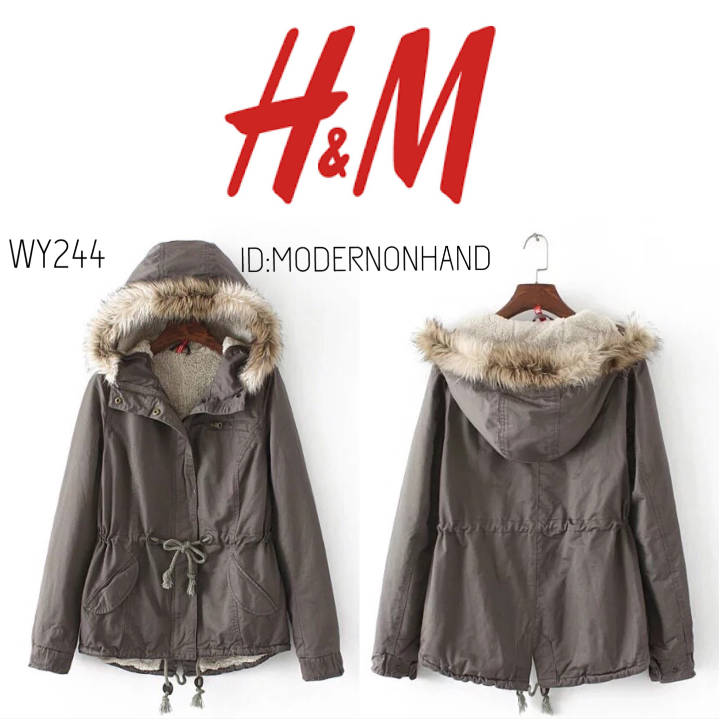 เสื้อโค้ท เสื้อกันหนาว สีเทา แบรนด์เนม H&M แต่งหมวกฮูท บุขนอุ่นสีขาวด้านใน แต่งขนเฟอร์ขอบหมวก แพทเทินสวย งานหรู อุ่น มากคะ size S/M/L/XL/XXL เทา