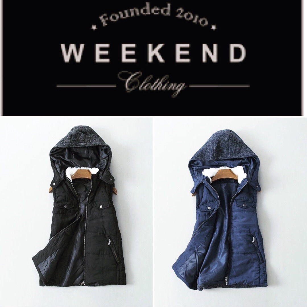 เสื้อกั๊ก กันหนาว กั๊กฮูทสีดำ แต่งขนสีขาวคอปกด้านใน แบรนด์WEEKEND (ฮูทถอดได้คะ) ดำ