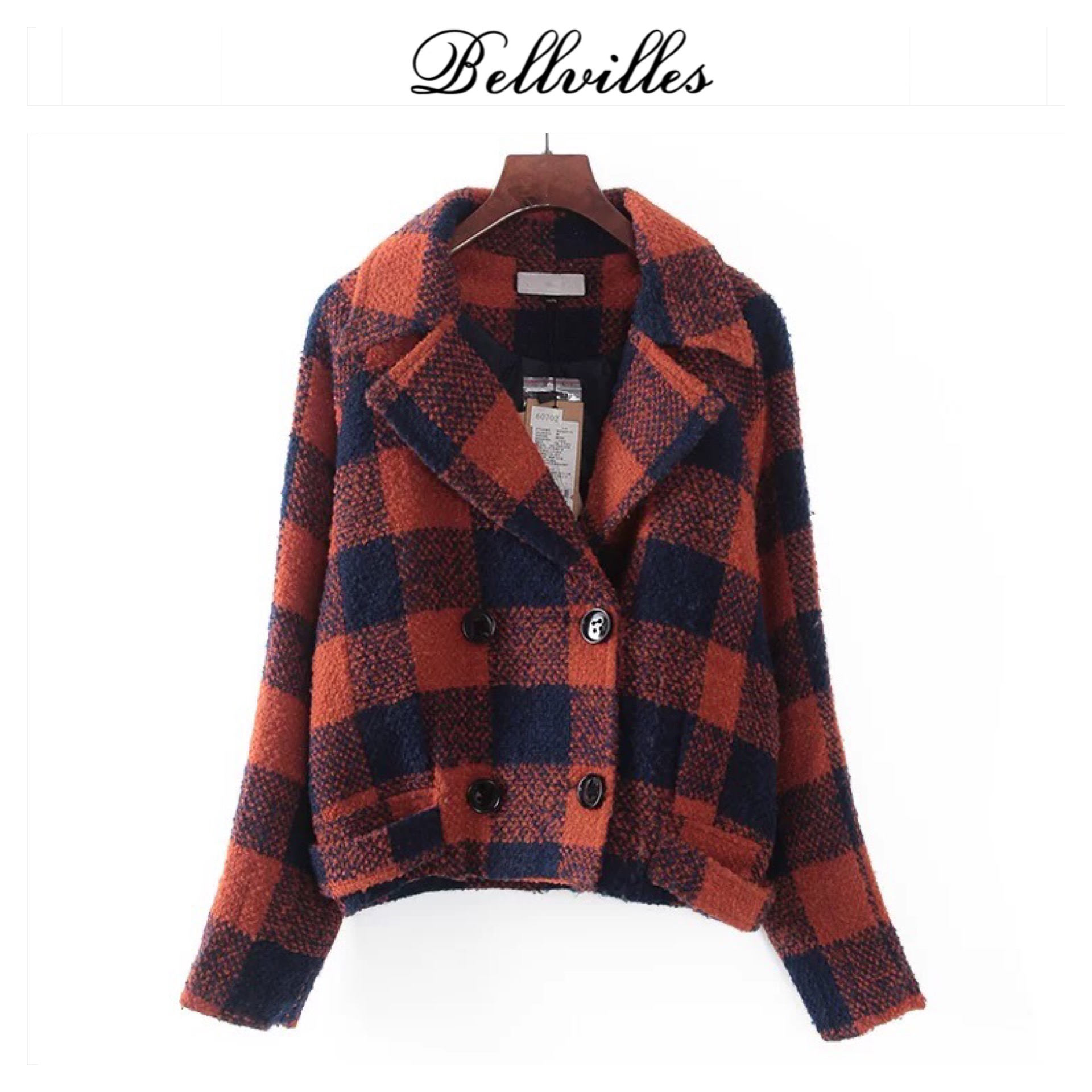 เสื้อโค้ท เสื้อกันหนาว เนื้อผ้าสักหลาดวูล ลายตาราง เหลืองน้ำเงิน แบรนด์ bellvilles