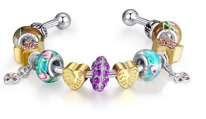 สร้อยข้อมือ Diy สไตล์ Pandora กำไลข้อมือ แต่ง สีเงิน แต่งชาร์ม หัวใจ สีทอง ดาว ติด คริสตัล ออสเตเรีย แสนสวย Glass Bead สีฟ้าคราม 415773_1
