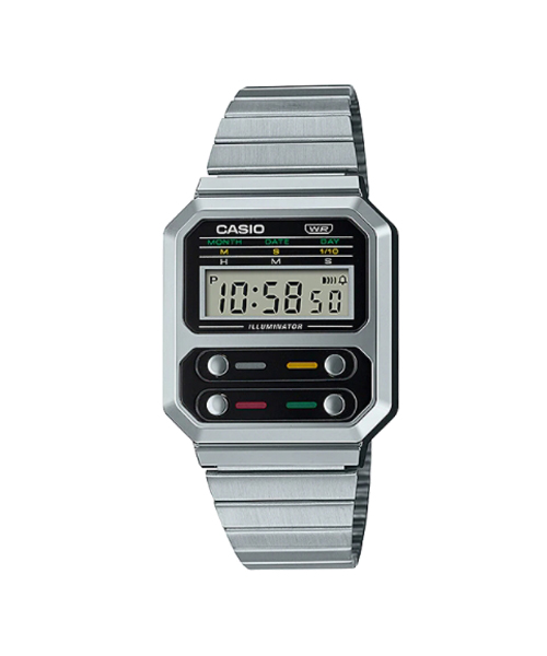 CASIO นาฬิกาคาสิโอ นาฬิกาข้อมือ นาฬิกากันน้ำ นาฬิกาของแท้ ประกันศูนย์ CMG 1 ปี รุ่น A100WE-1A นาฬิกาสีเงิน
