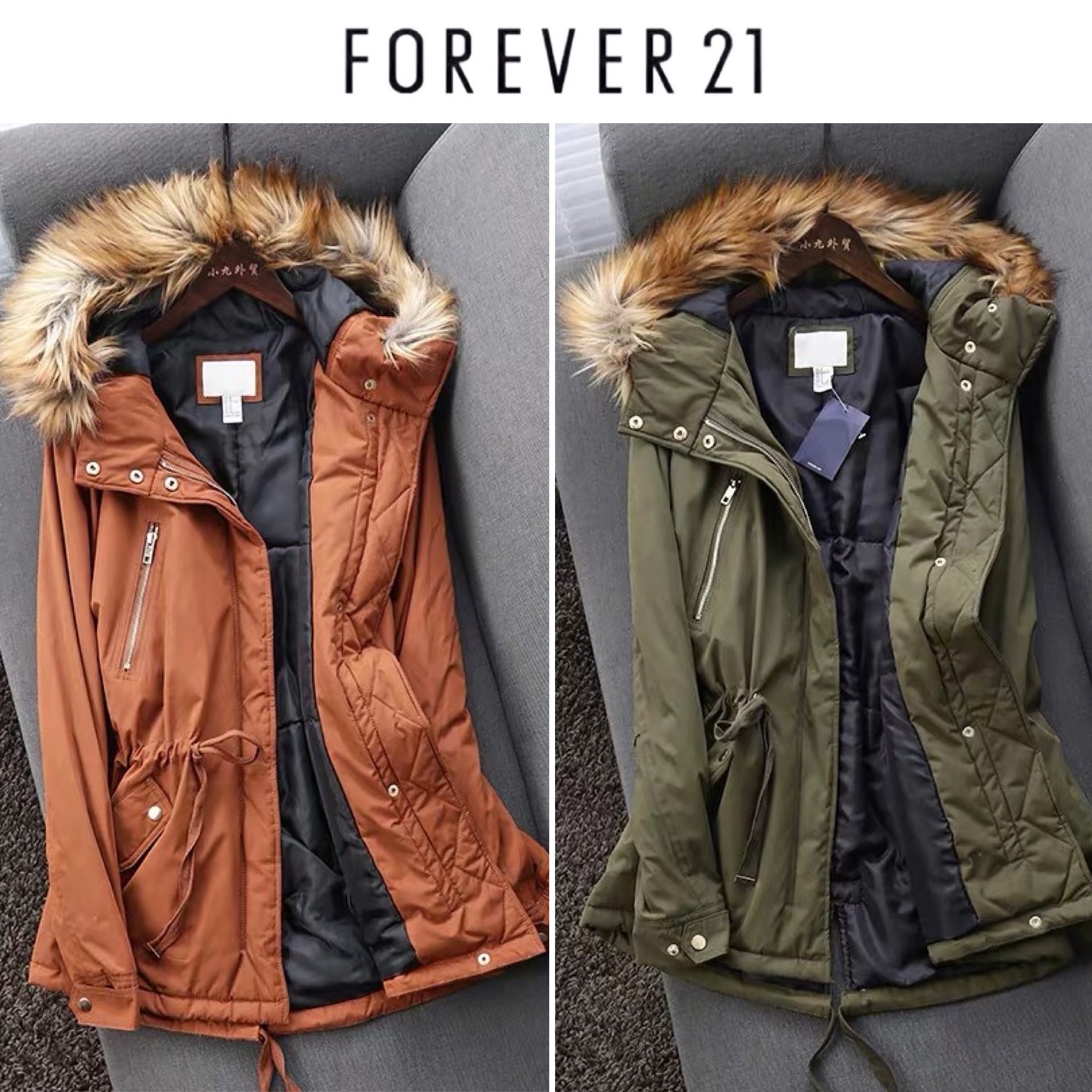 Forever21 เสื้อโค้ทฮู้ดกันหนาว เสื้อปาร์กา parka สีส้มอิฐ แต่งเฟอร์ แบรนด์ FOREVER21 สำเนา ส้มอิฐ