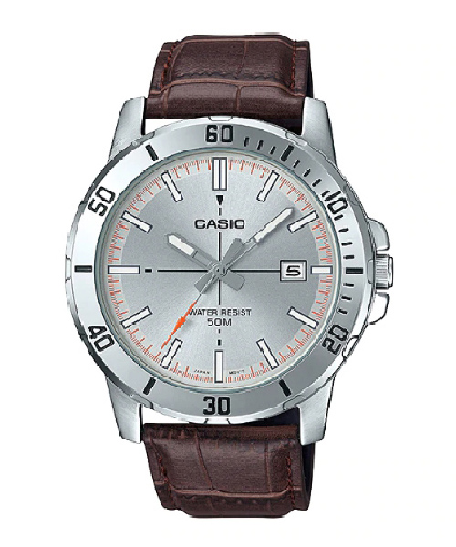 CASIO นาฬิกาคาสิโอ นาฬิกาข้อมือ นาฬิกากันน้ำ นาฬิกาของแท้ ประกันศูนย์ CMG 1 ปี รุ่น MTP-VD01L-8E นาฬิกาสีน้ำตาล