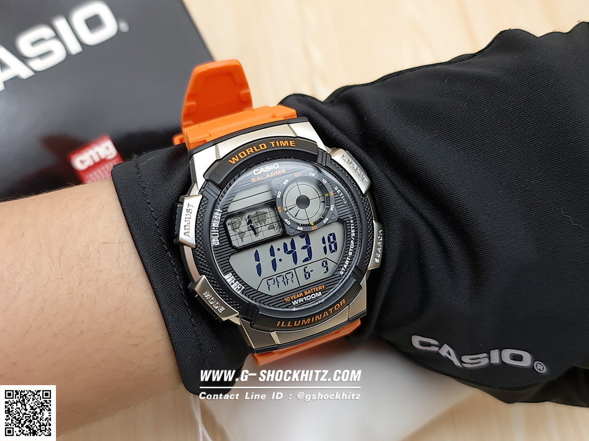 CASIO นาฬิกาคาสิโอ นาฬิกาข้อมือ นาฬิกากันน้ำ นาฬิกาของแท้ ประกันศูนย์ CMG 1 ปี รุ่น AE-1000W-4B นาฬิกาสีส้ม