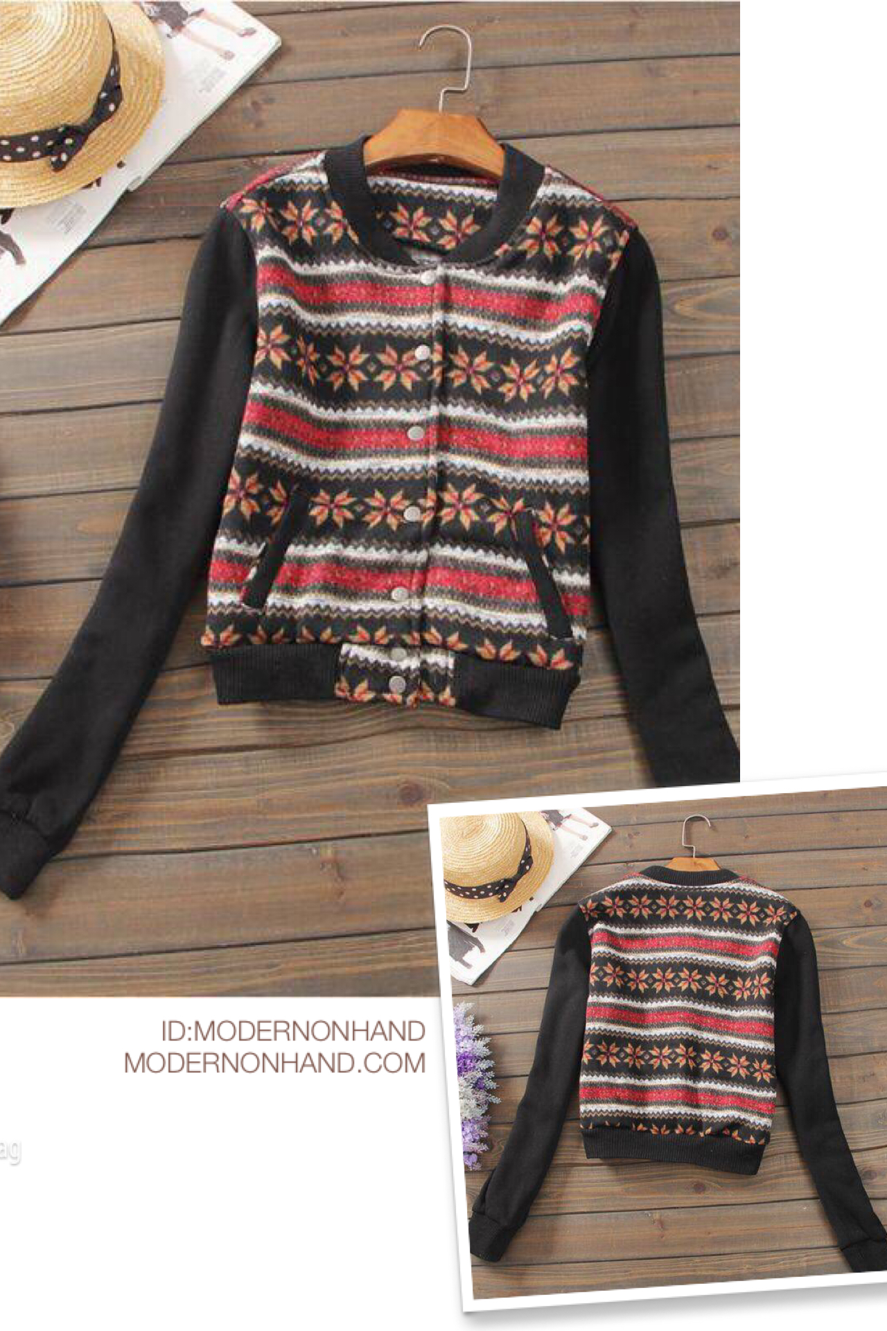 เสื้อกันหนาว สีดำ แต่งแขนดำ สไตล์ เสื้อเบสบอล ผ้าฝ้าย ลายดอก ช่วงลำตัว