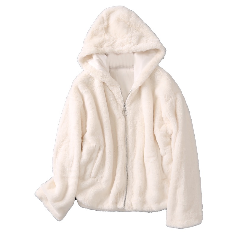 Cali 1985 เสื้อเฟอร์กันหนาว หมวกฮู้ด เสื้อขน (FLUFFY COAT) สีครีม แบรนด์ CALI 1985 Los Angeles ขาว
