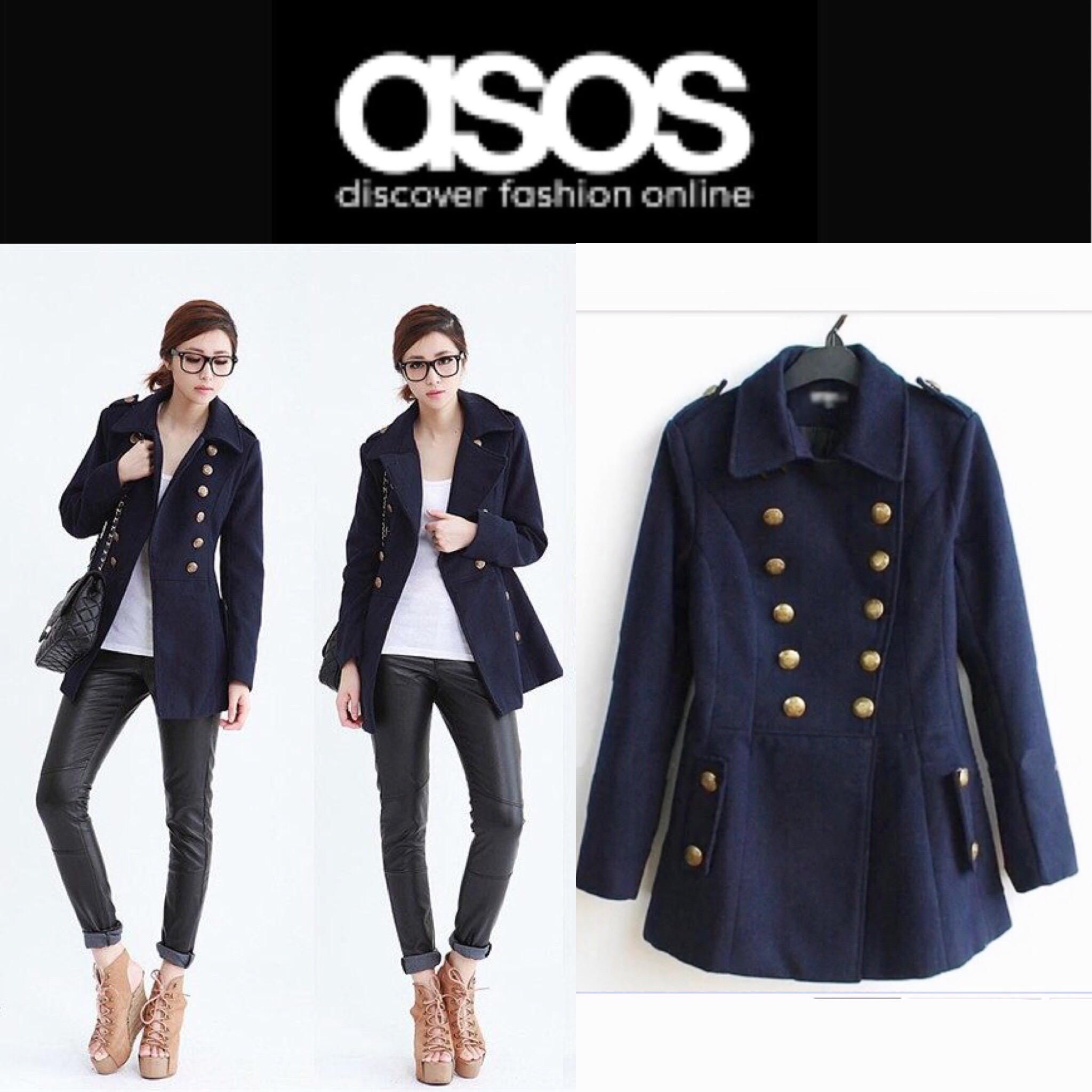 เสื้อโค้ด เสื้อกันหนาว สักหลาด สีน้ำเงิน แบรนด์ เนม ASOS UKโค้ทปล่อยชาย ตัวยาว แต่งกระดุมทอง แนวอังกฤษbrandnameหรู ASOS size s/L