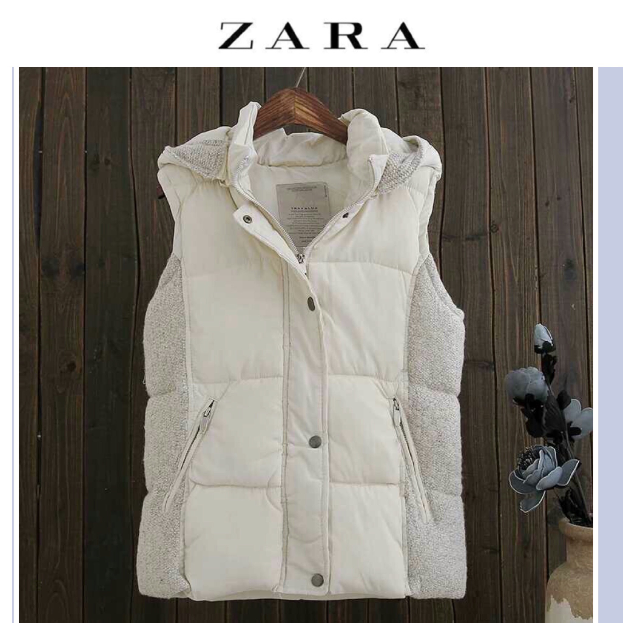 เสื้อกั๊ก กันหนาว เสื้อกั๊ก ฮูท กันหนาว สีขาวครีม แบรนด์เนม TRAFALUC ZARA แต่งผ้าทอ ข้างลำตัว คอปกด้านในแต่งขนเฟอร์ (ฮูทถอดได้คะ)