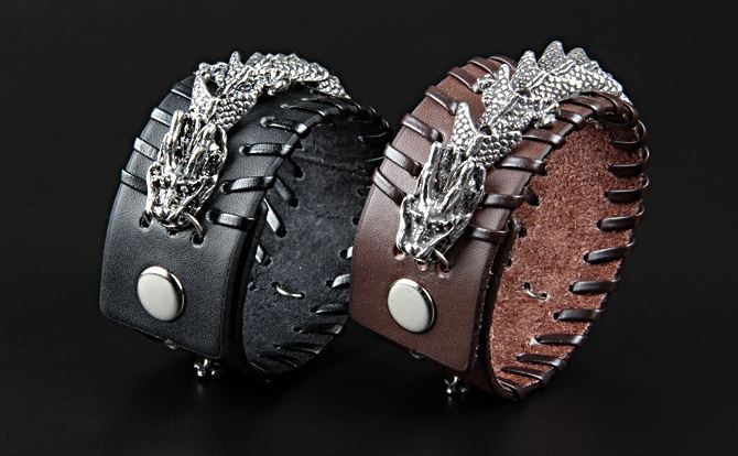 สร้อยข้อมือ สายหนังแท้ ออกแบบ ลวดลายมังกร เงิน คาด กำไลข้อมือ หนังแท้ สีน้ำตาล สีดำ 187916