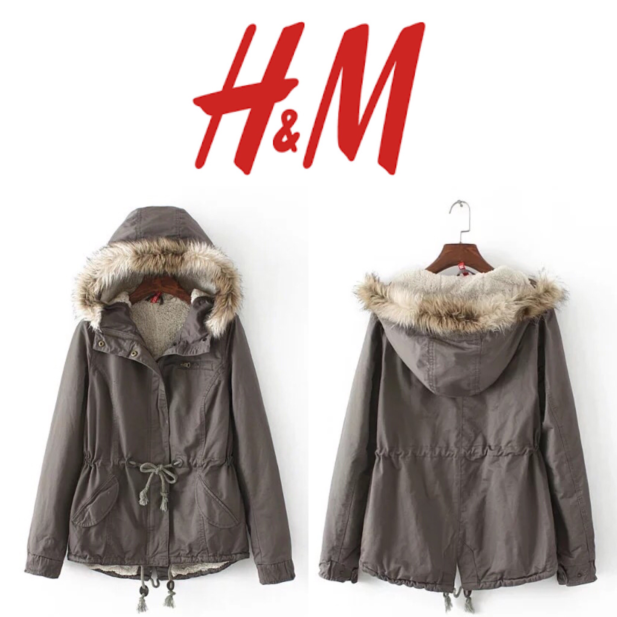 เสื้อโค้ท เสื้อกันหนาว สีเทา แบรนด์เนม H&M แต่งหมวกฮูท บุขนอุ่นสีขาวด้านใน แต่งขนเฟอร์ขอบหมวก แพทเทินสวย งานหรู อุ่น มากคะ size S/M/L/XL/XXL เทา