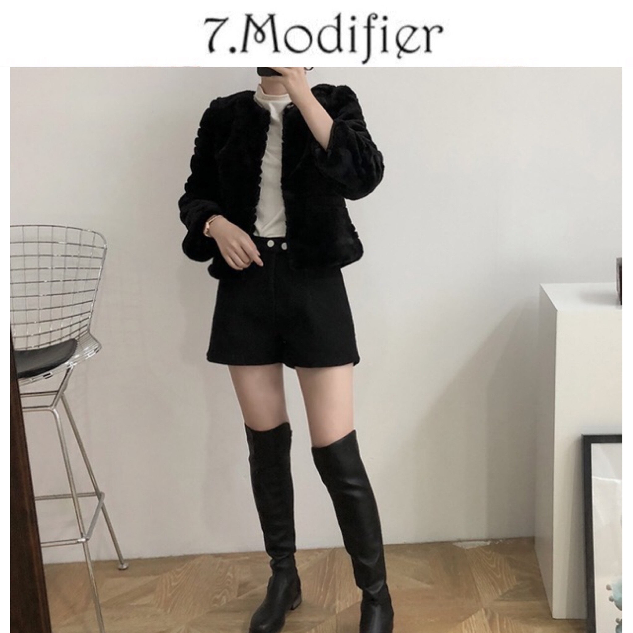 7.modifier เสื้อเฟอร์กันหนาว กันหนาวขนเฟอร์สีดำ แบรนด์ 7.Modifier เสื้อคลุมขน ดำ