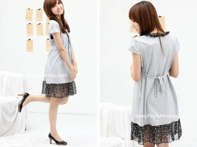 ชุดแฟชั่นคลุมท้อง สีเทา แต่งระบายสีดำ สุดน่ารัก