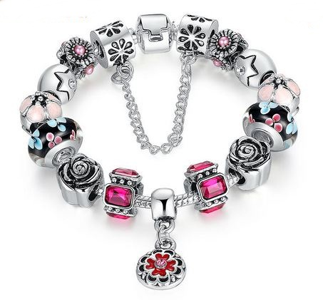 สร้อยข้อมือ Diy สร้อยข้อมือ Charm สไตล์ Pandora ติดคริสตัล ออสเตเรีย สีชมพู ทับทิม สีสวย ร้อย สลับ เม็ดบีด สีเงิน ห้อยจี้ดอกไม้ สวยหรู 758788