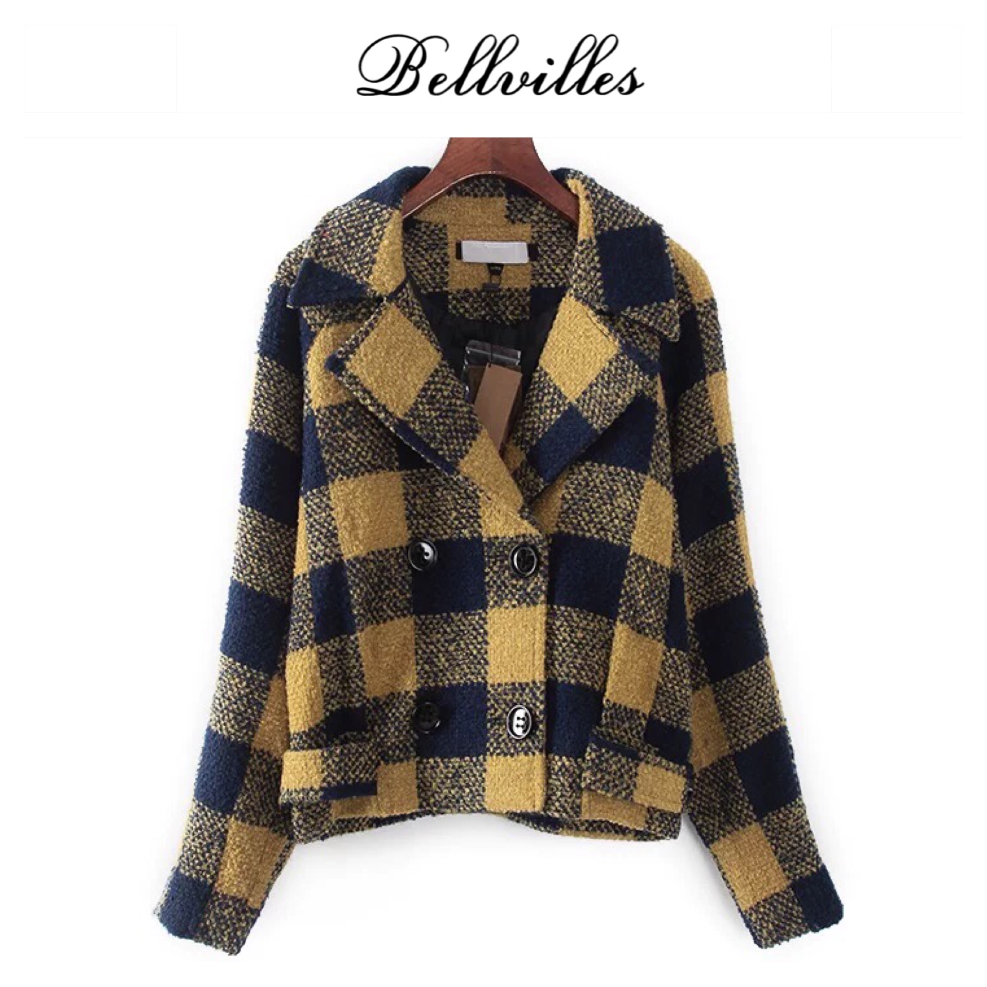 เสื้อโค้ท เสื้อกันหนาว เนื้อผ้าสักหลาดวูล ลายตาราง เหลืองน้ำเงิน แบรนด์ bellvilles