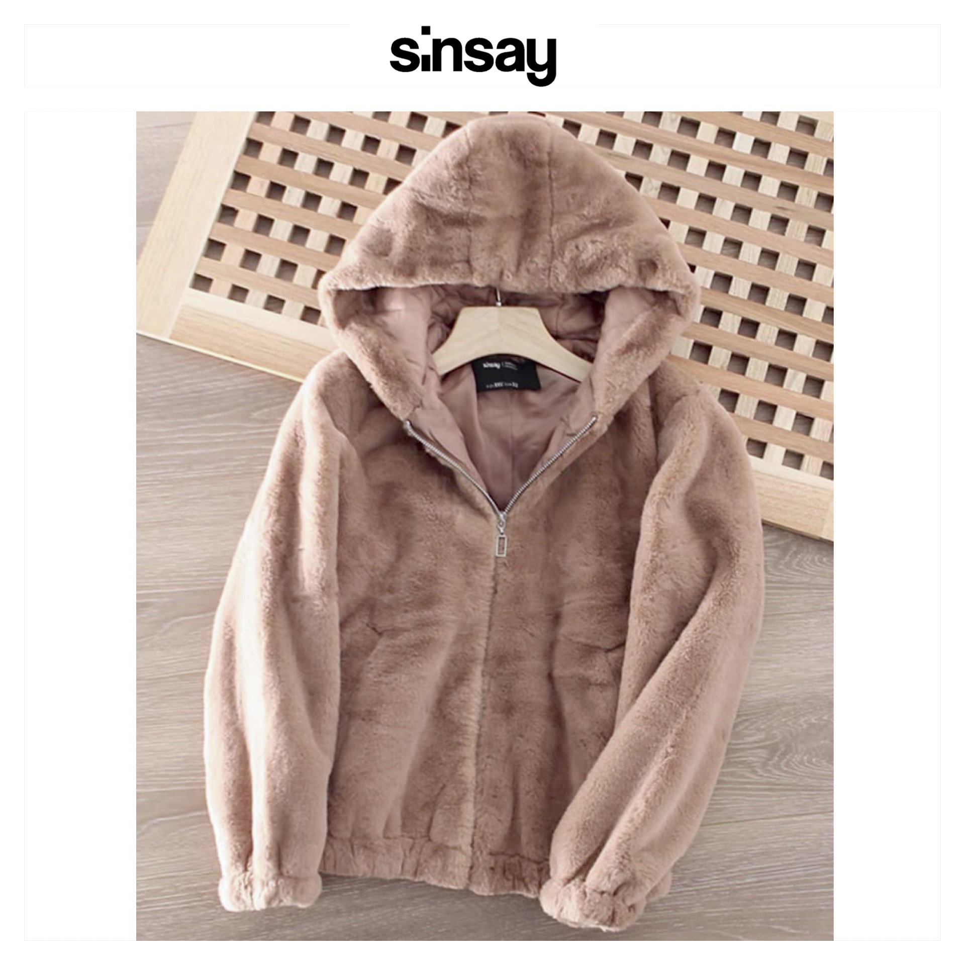 Sinsay เสื้อเฟอร์กันหนาว หมวกฮู้ด เสื้อขน Fluffy coat แบรนด์ SINSAY น้ำตาล