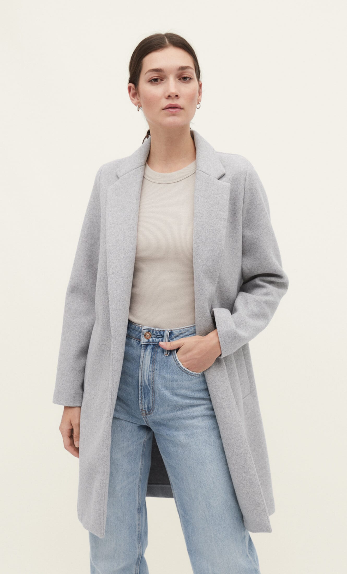 เสื้อโค้ท เสื้อโค้ทกันหนาว โค้ทวูล tailored knot coat สีเบจ แบรนด์ STRADIVARIUS สำเนา
