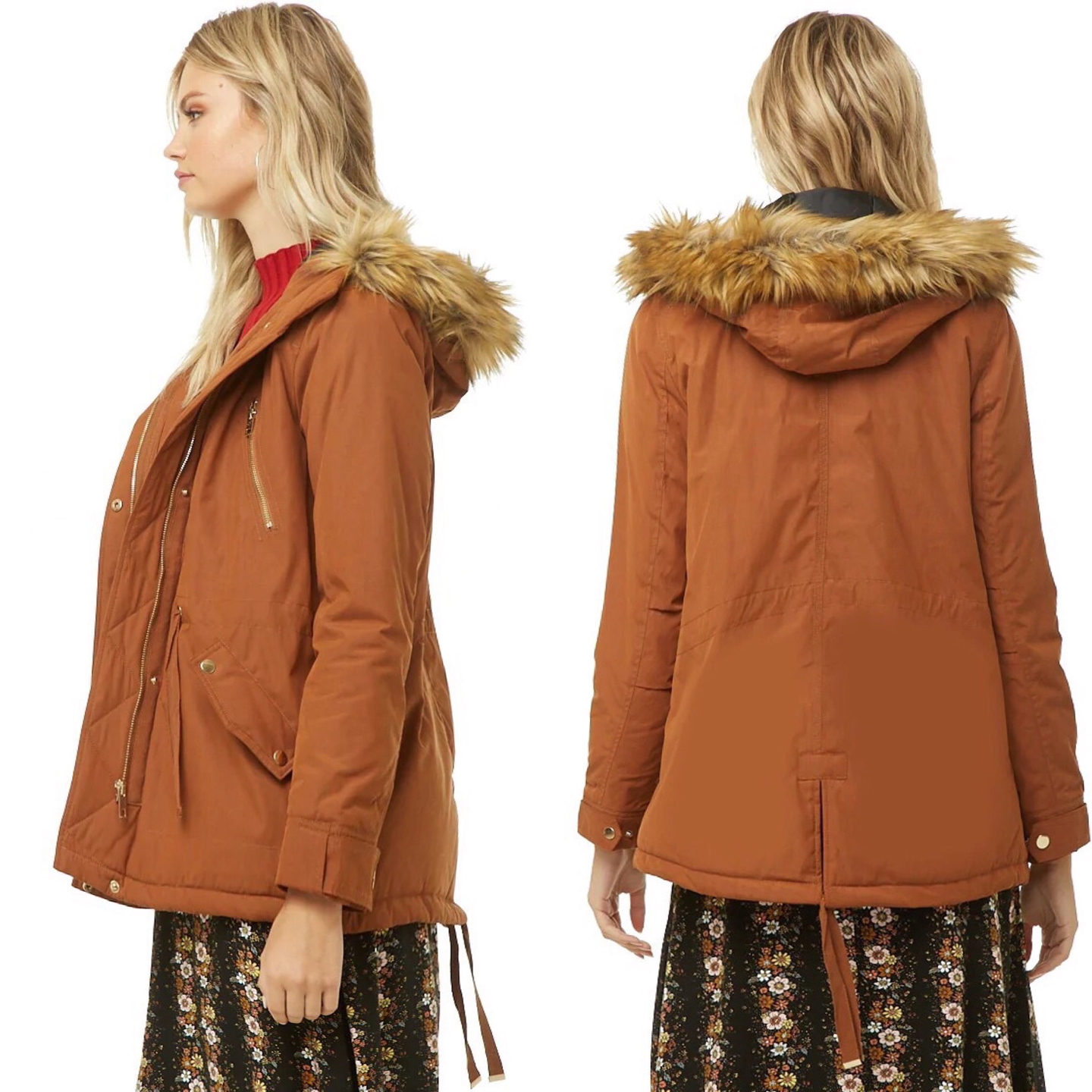Forever21 เสื้อโค้ทฮู้ดกันหนาว เสื้อปาร์กา parka สีส้มอิฐ แต่งเฟอร์ แบรนด์ FOREVER21 สำเนา ส้มอิฐ