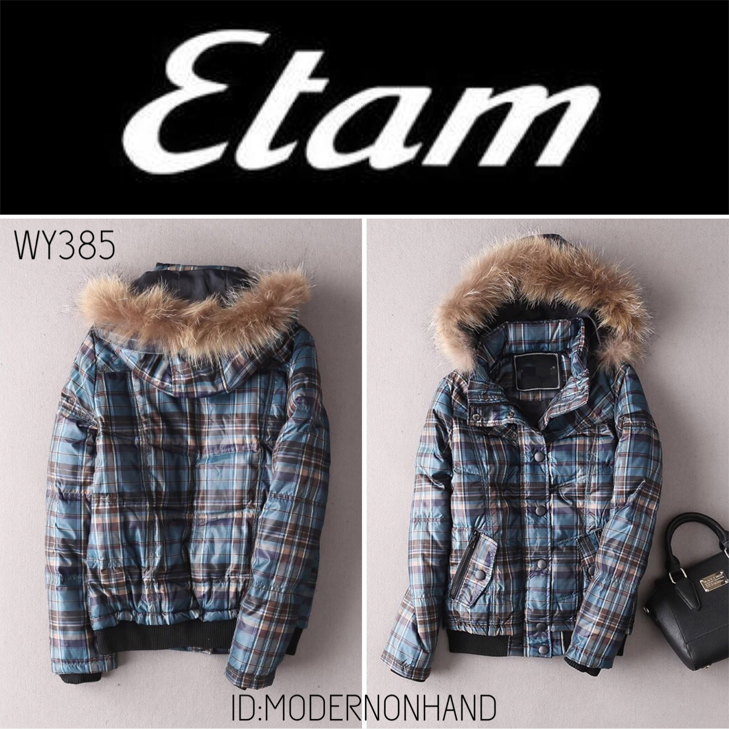 Etam เสื้อกันหนาว เสื้อขนเป็ด brand name ETAM ฝรั่งเศส แท้ 100% แต่งหมวกฮูท ติดขนเฟอร์ปลายหมวก (หมวกฮูท&เฟอร์ถอดได้ทุกจุดคะ) เฟอร์สวย นุ่ม พริ้ว ลายตารางฟ้าเขียว งานสวยมากคะ Size S/M