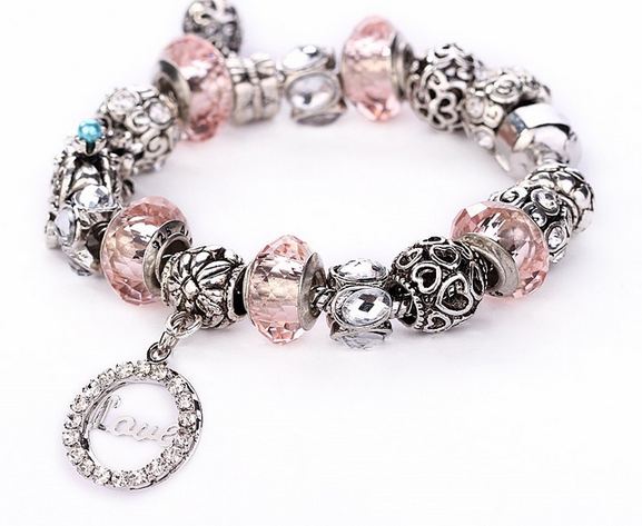 สร้อยข้อมือ Diy สไตล์ Pandora แต่ง ชาร์ม สลับ คริสตัลแท้ สีสวย ห้อยจี้เพชร อักษร Love ชาร์มหัวใจ สีเงิน ของขวัญให้แฟน สุดหรู แทนใจ 982338