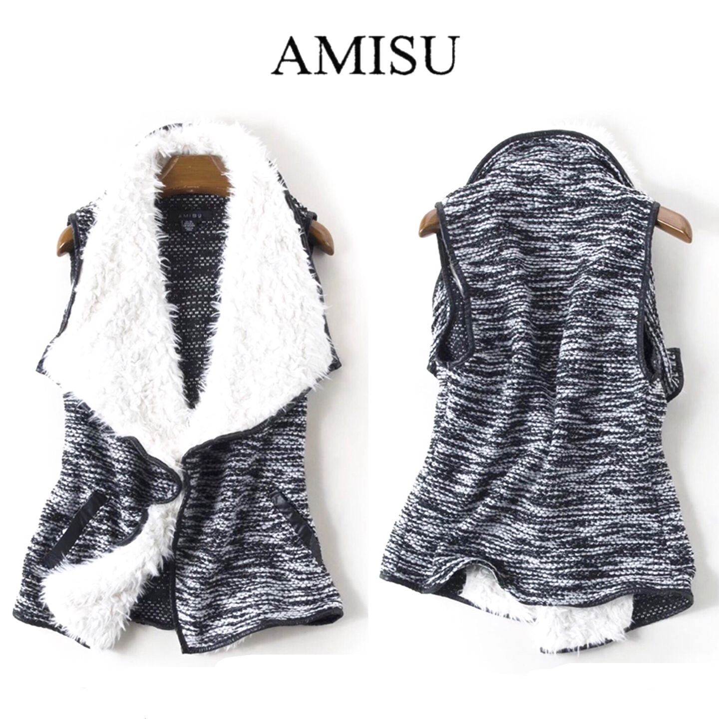 เสื้อกั๊ก กันหนาว ผ้าทวิส สีเทาดำ แบรนด์ ดังญี่ปุ่น AMISU แต่งคอปกใหญ่ขนสีขาว เนื้อผ้าสวย หรูคะ Size S/M/L