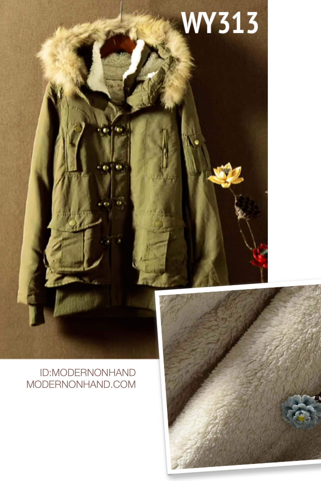 เสื้อกันหนาว เสื้อหนาว หมวกฮูท สีกากี แต่งเฟอร์ แบรนด์เนมญี่ปุ่น OLIVE DES OLIVE ด้านในซับขนอุ่นสีขาว แต่งจัมพ์ปบายแขนกันลม Size M/L