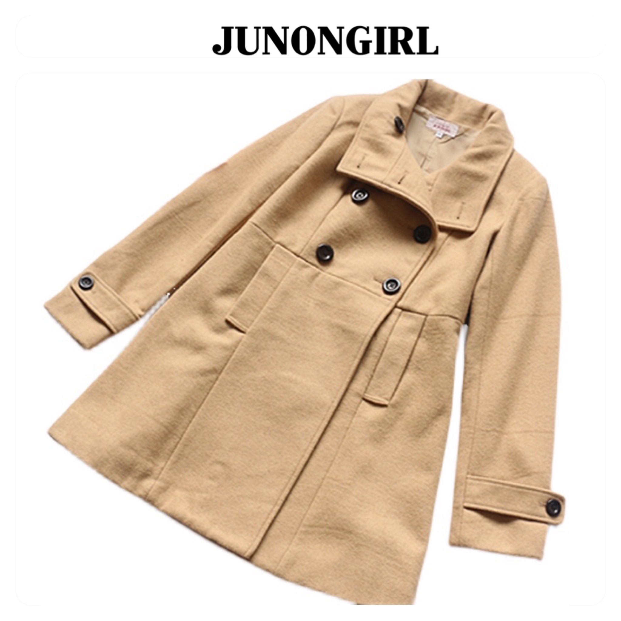 JUNON GIRL เสื้อโค้ท เสื้อกันหนาว เนื้อผ้าสักหลาดวูล สีกากี กระดุมแถบ สองแถว แบรนด์ JUNON GIRL กากี