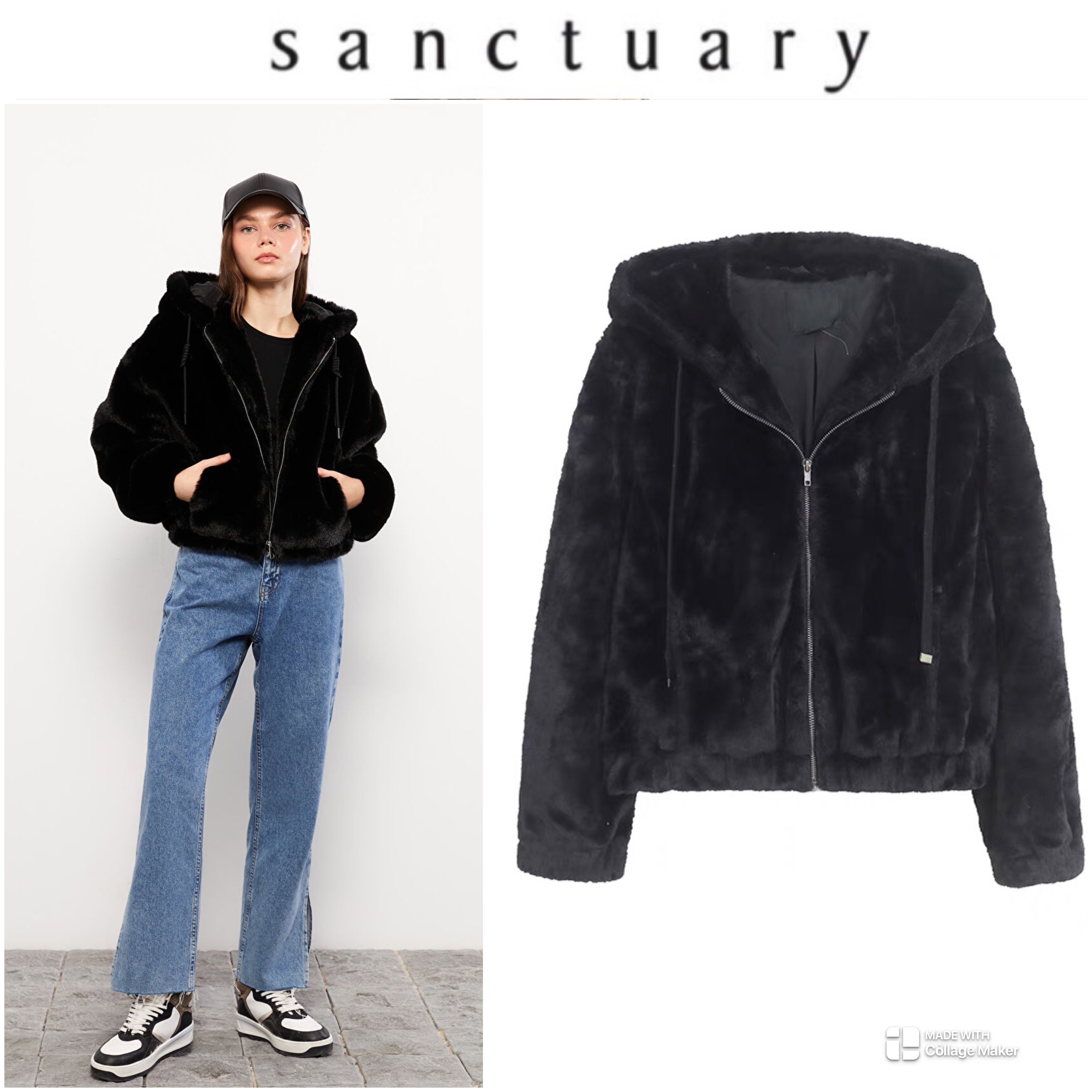 915 เสื้อเฟอร์กันหนาว หมวกฮู้ด เสื้อขน Fluffy hooded jacket แบรนด์ SANCTUARY ขาว