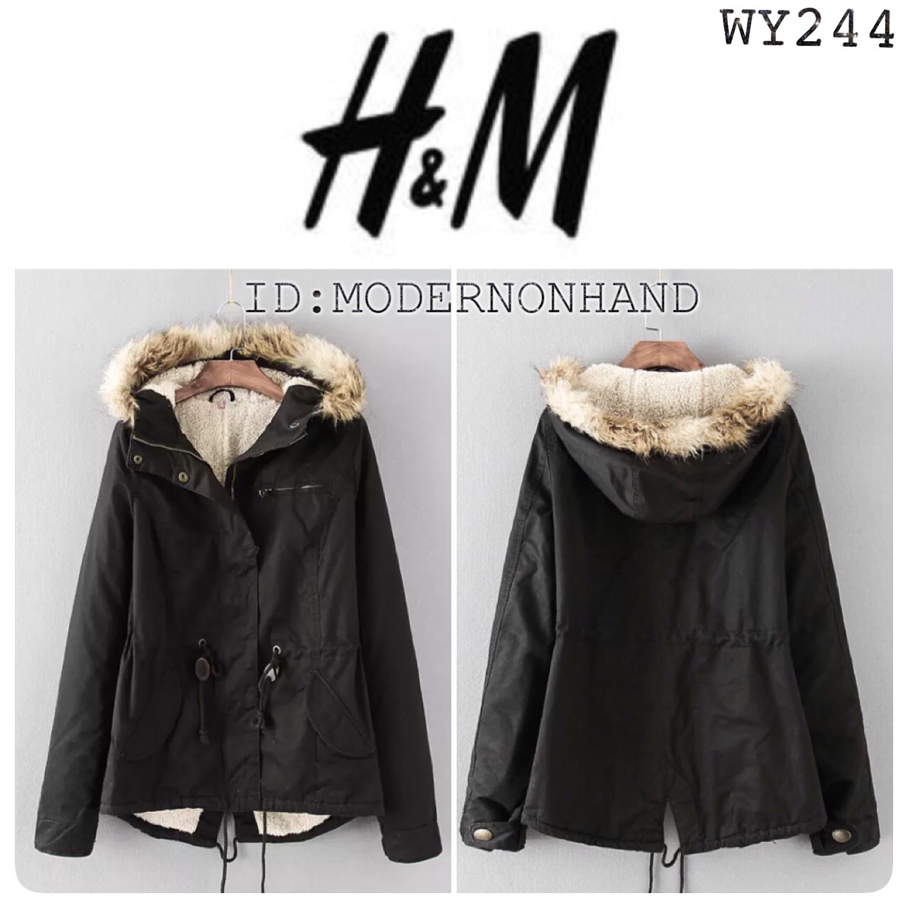 H&m เสื้อโค้ท เสื้อกันหนาว สีดำ แบรนด์เนม H&M แต่งหมวกฮูท บุขนอุ่นสีขาวด้านใน แต่งขนเฟอร์ขอบหมวก แพทเทินสวย งานหรู อุ่น มากคะ size S/M/L/XL/XXL ดำ