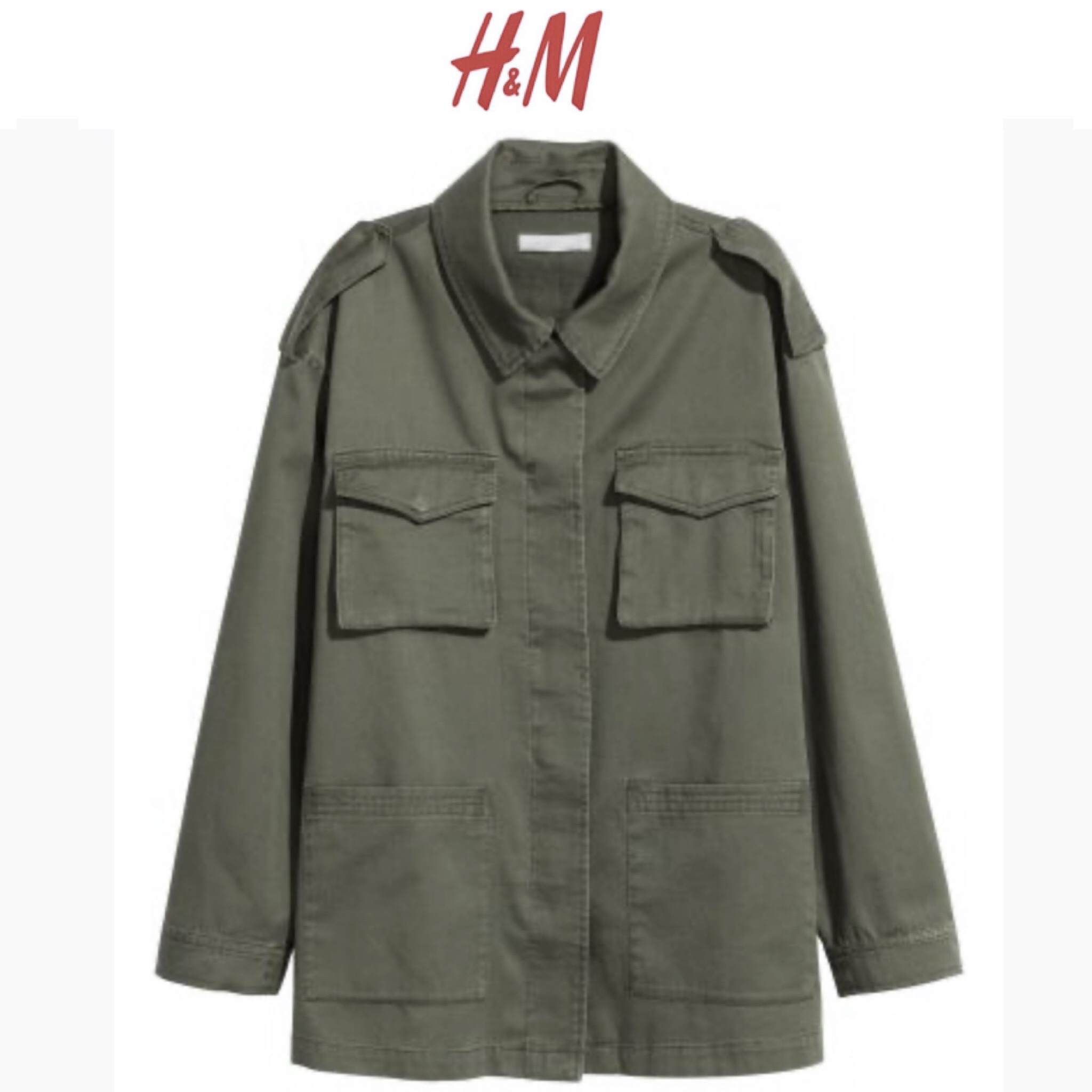 H&m เสื้อทหาร เสื้อฮู้ดเขียวทหาร เสื้อนอกแนวทหาร แพทเทินสวย เท่ห์มาก คะ แบรนด์ H&m เขียว