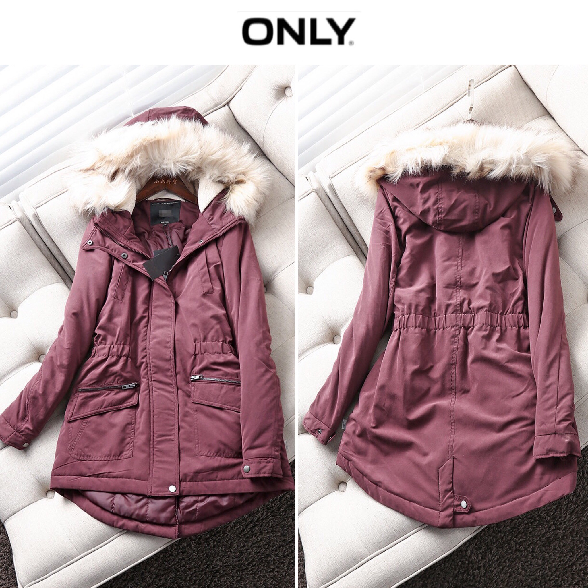 Only เสื้อโค้ทเฟอร์กันหนาว เสื้อฮู้ดปาร์กา แต่งเฟอร์ขาว แบรนด์Only (เฟอร์ถอดได้คะ) เขียว
