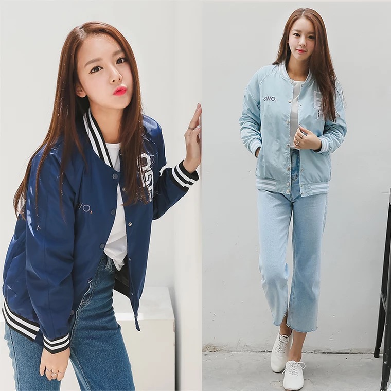 เสื้อแจ็คเก็ต เสื้อเบสบอล เสื้อนอก สีฟ้าอ่อน แบรนด์เนม LO-CO เกาหลี งานสวย เท่ห์ แนวๆ คะ size S/M/L