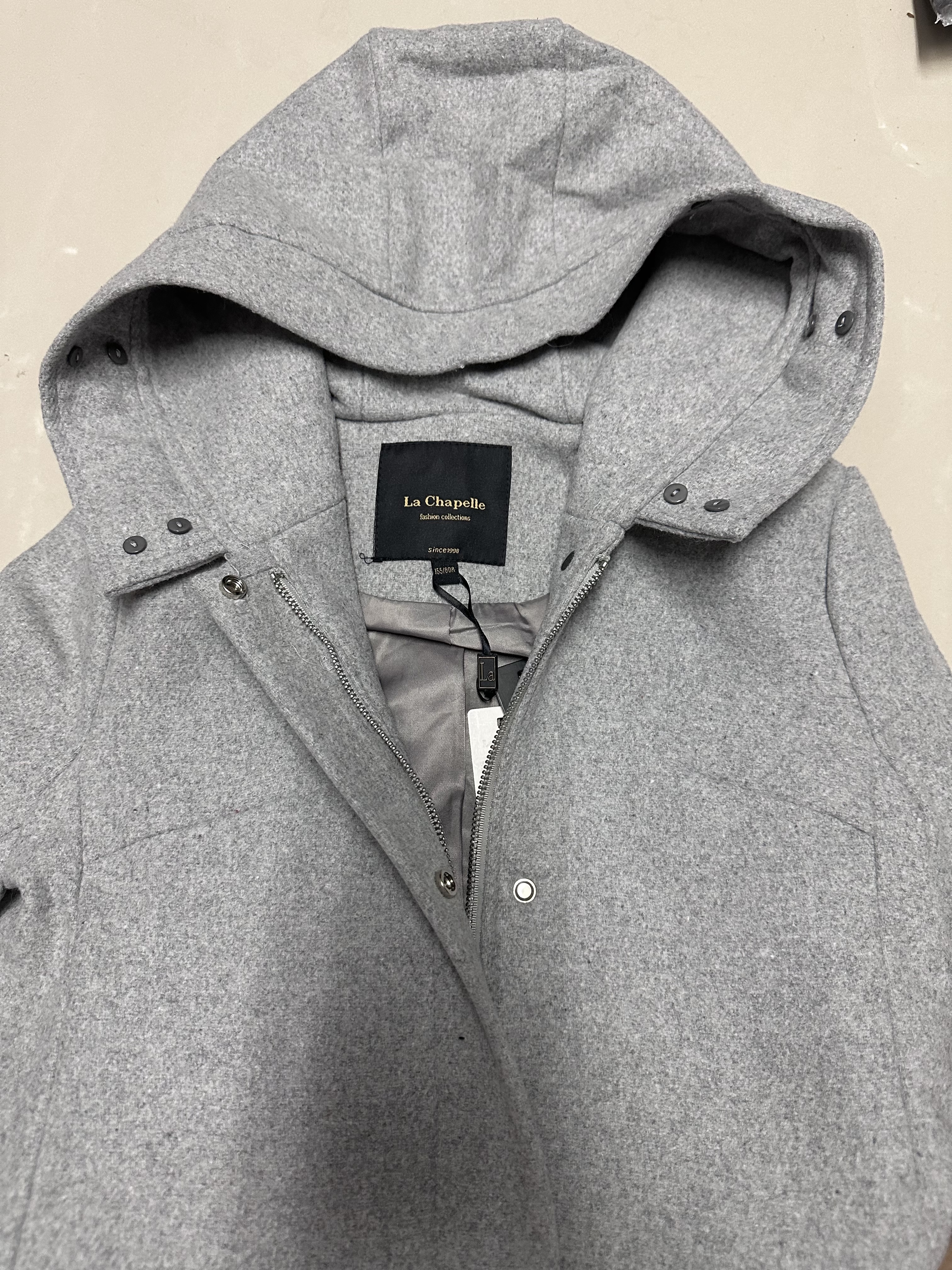เสื้อโค้ท peacoat เสื้อโค้ทเฟอร์ โค้ทสักหลาดสีเทาอ่อน แบรนด์ La chapelle