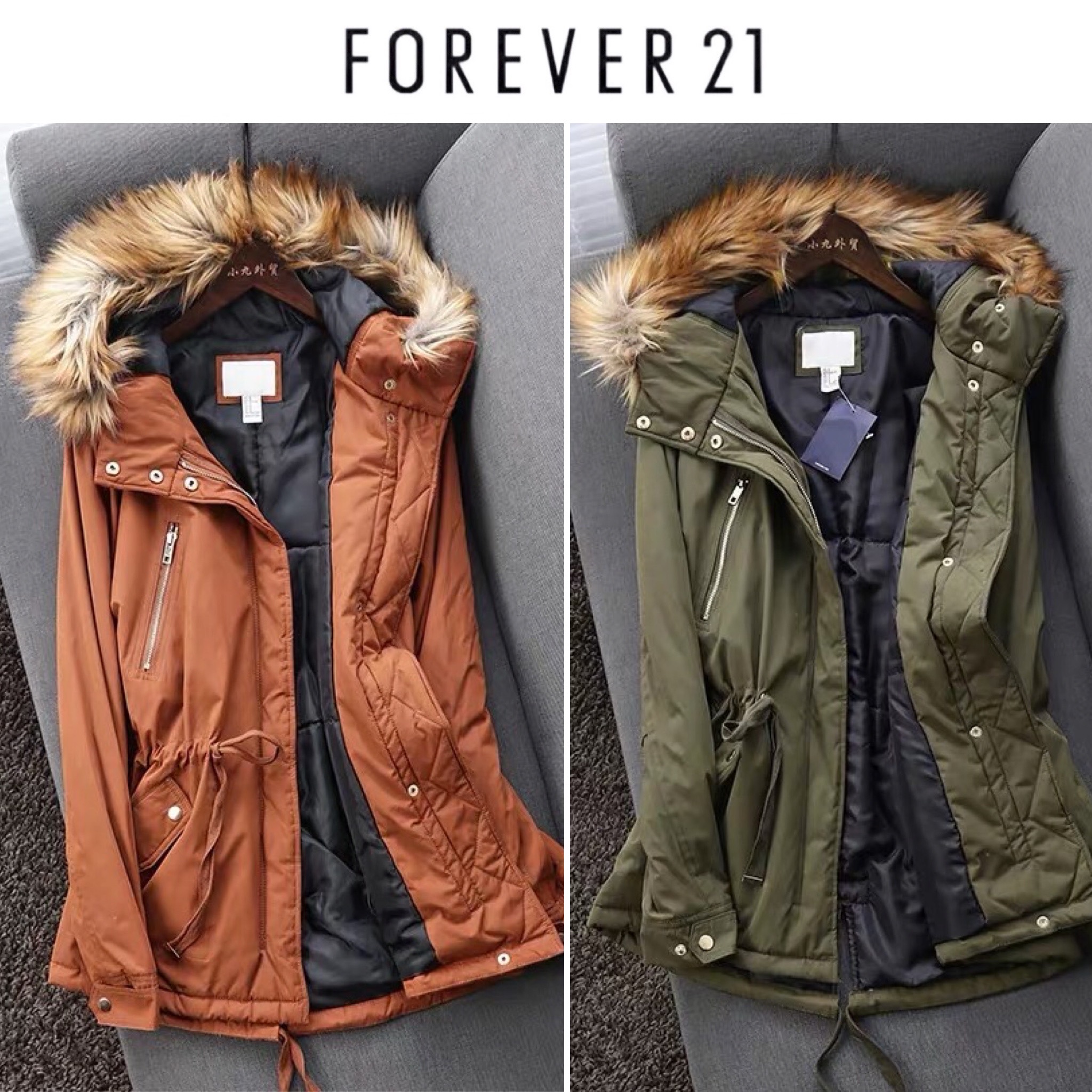 Forever21 เสื้อโค้ทฮู้ดกันหนาว เสื้อปาร์กา parka สีส้มอิฐ แต่งเฟอร์ แบรนด์ FOREVER21 สำเนา ส้มอิฐ