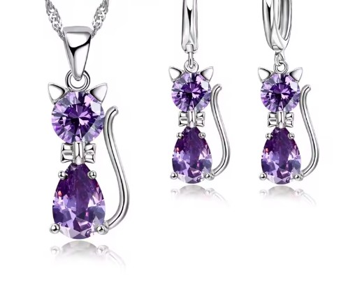 ชุดเครื่องประดับ เข้าชุด สร้อยคอ พร้อม ต่างหู แมว เพชรหลากสี ใส่ตามสีถูกโฉลก สีขาว เหลือง ม่วง เขียว 214193