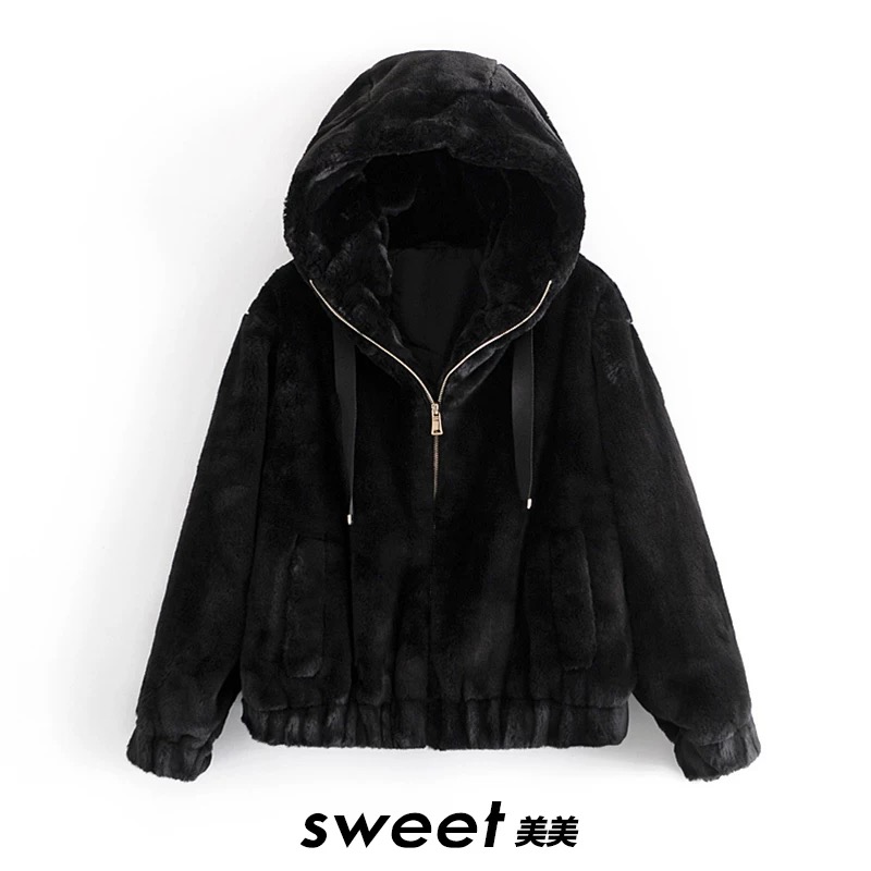 Zara เสื้อเฟอร์กันหนาว หมวกฮู้ด เสื้อขน แบรนด์zara ดำ