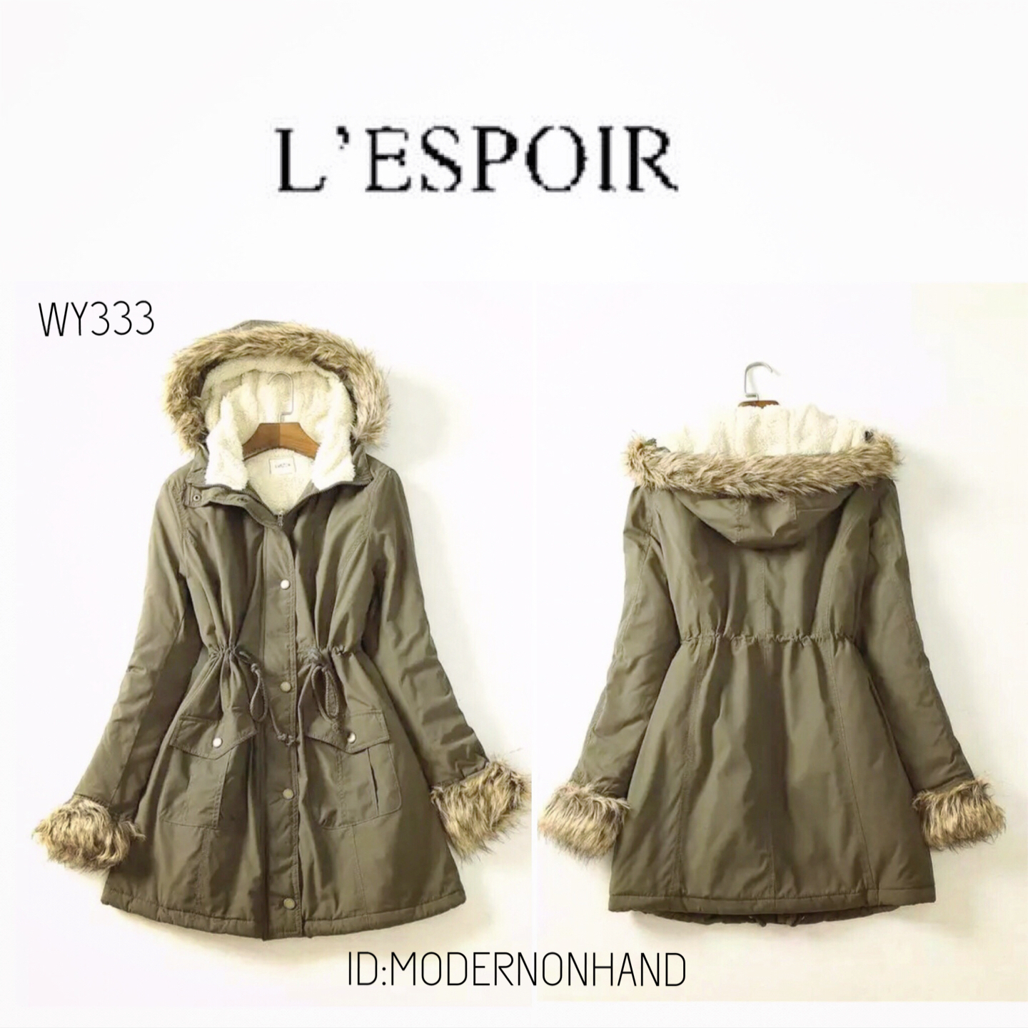 เสื้อกันหนาว โค้ทกันหนาว สีเขียวทหาร แบรนด์เนม ดัง ญี่ปุ่น L'espoir แท้100% แต่งขนเฟอร์ ปลายหมวก/แขน (เฟอร์ถอดได้ทุกจุด) บุนวมอุ่นด้านใน สวย เท่ห์ แนว ๆคะ SIze XL