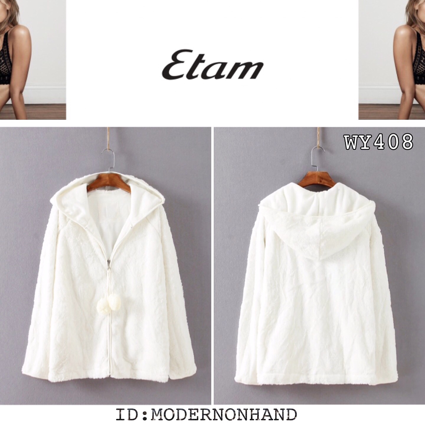 Etam เสื้อกันหนาว เสื้อคลุมกันหนาว แบรนด์เนมETAM แต่งขน สีขาว แต่งฮูท เนื้อขนนุ่ม เนียนมากๆคะ ขาว