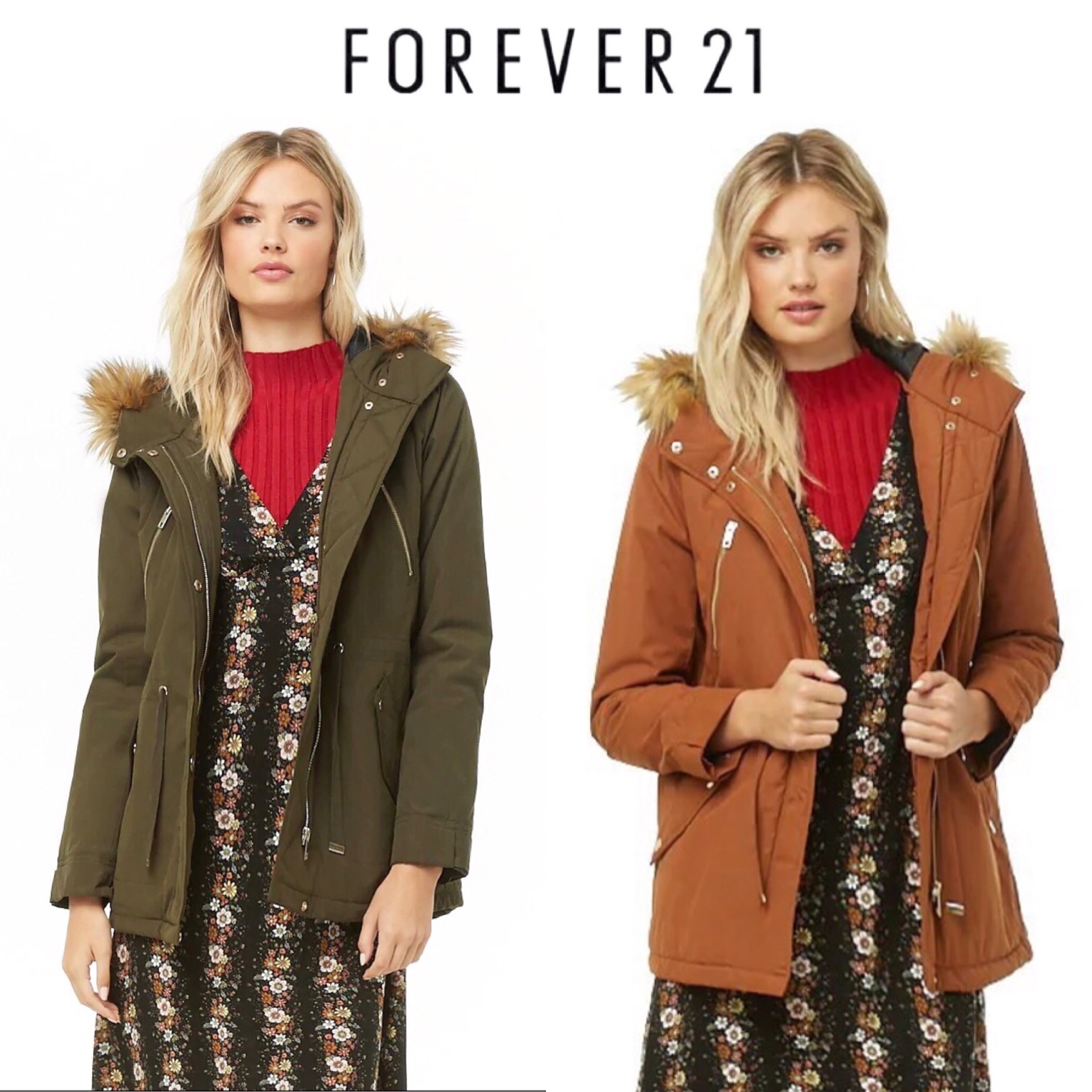 Forever21 เสื้อโค้ทฮู้ดกันหนาว เสื้อปาร์กา parka สีส้มอิฐ แต่งเฟอร์ แบรนด์ FOREVER21 สำเนา ส้มอิฐ