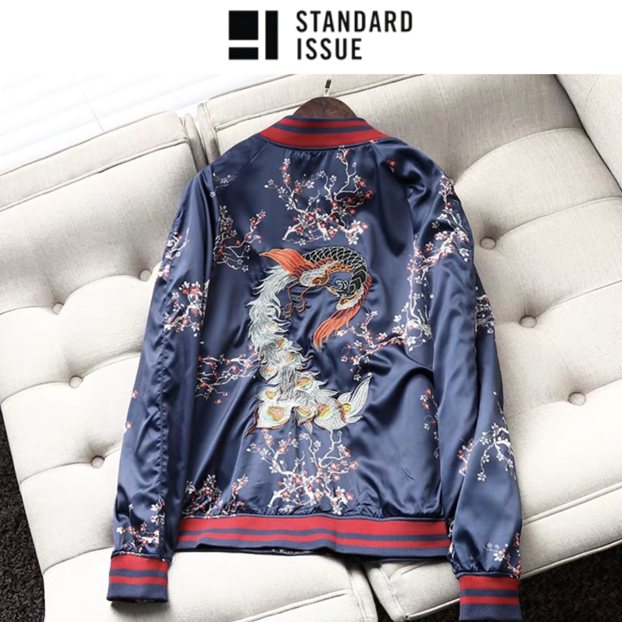 Standard issue เสื้อแจ็คเก็ต เสื้อนอก เสื้อคลุม เสื้อเบสบอล ผ้าไหม งานSTANDARD ISSUE แต่งลายปัก สไตล์วินเทจ น้ำเงิน