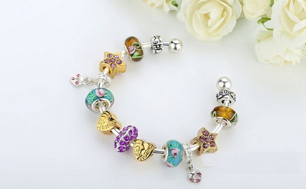 สร้อยข้อมือ Diy สไตล์ Pandora กำไลข้อมือ แต่ง สีเงิน แต่งชาร์ม หัวใจ สีทอง ดาว ติด คริสตัล ออสเตเรีย แสนสวย Glass Bead สีฟ้าคราม 415773_1