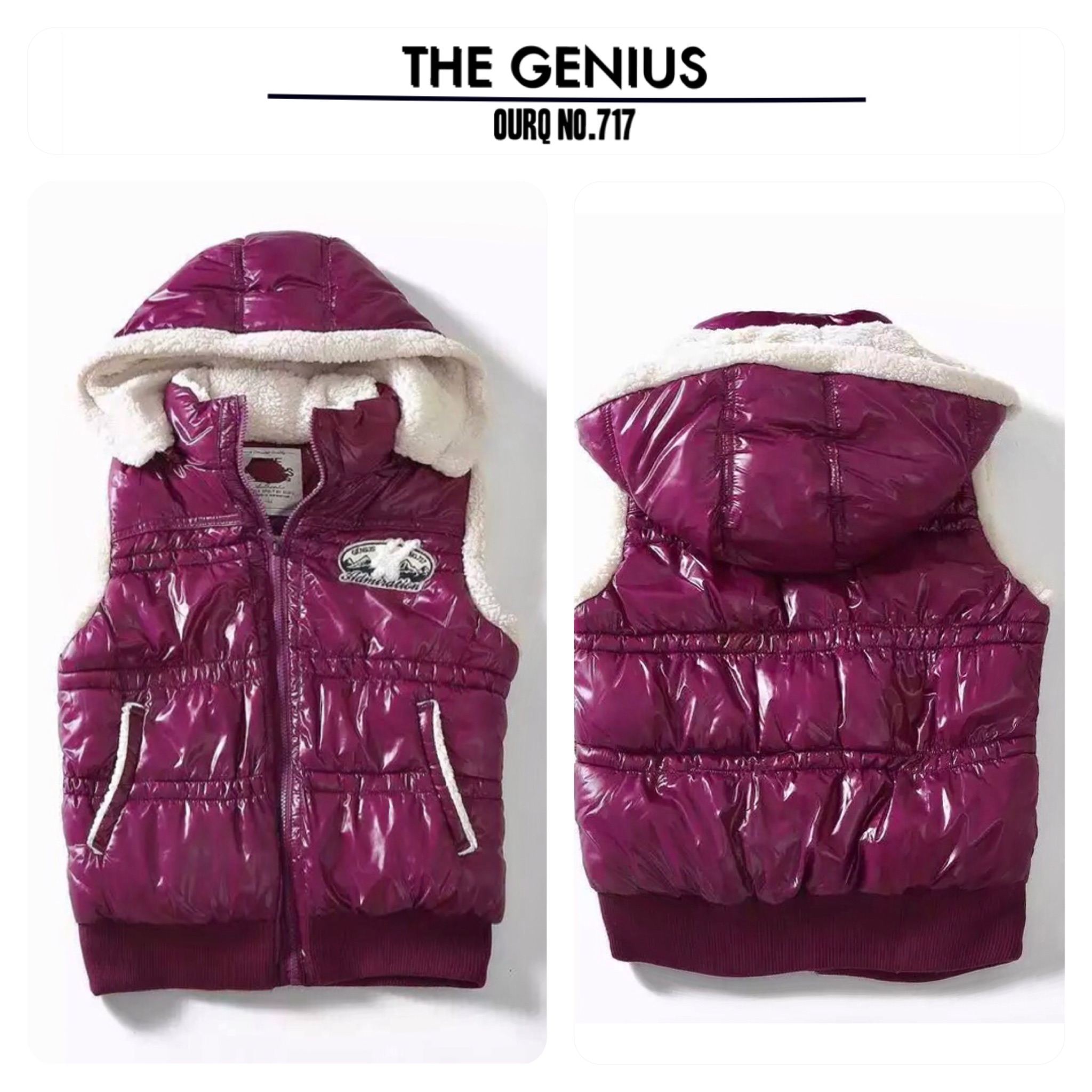 เสื้อกั๊ก หมวกฮูท สีม่วง บุนวม ซับขน อุ่นสีขาวด้านใน แบรนด์The GENIUS OURQ เกาหลี ฮูทถอดได้คะ งานสวย น่ารักมากคะ