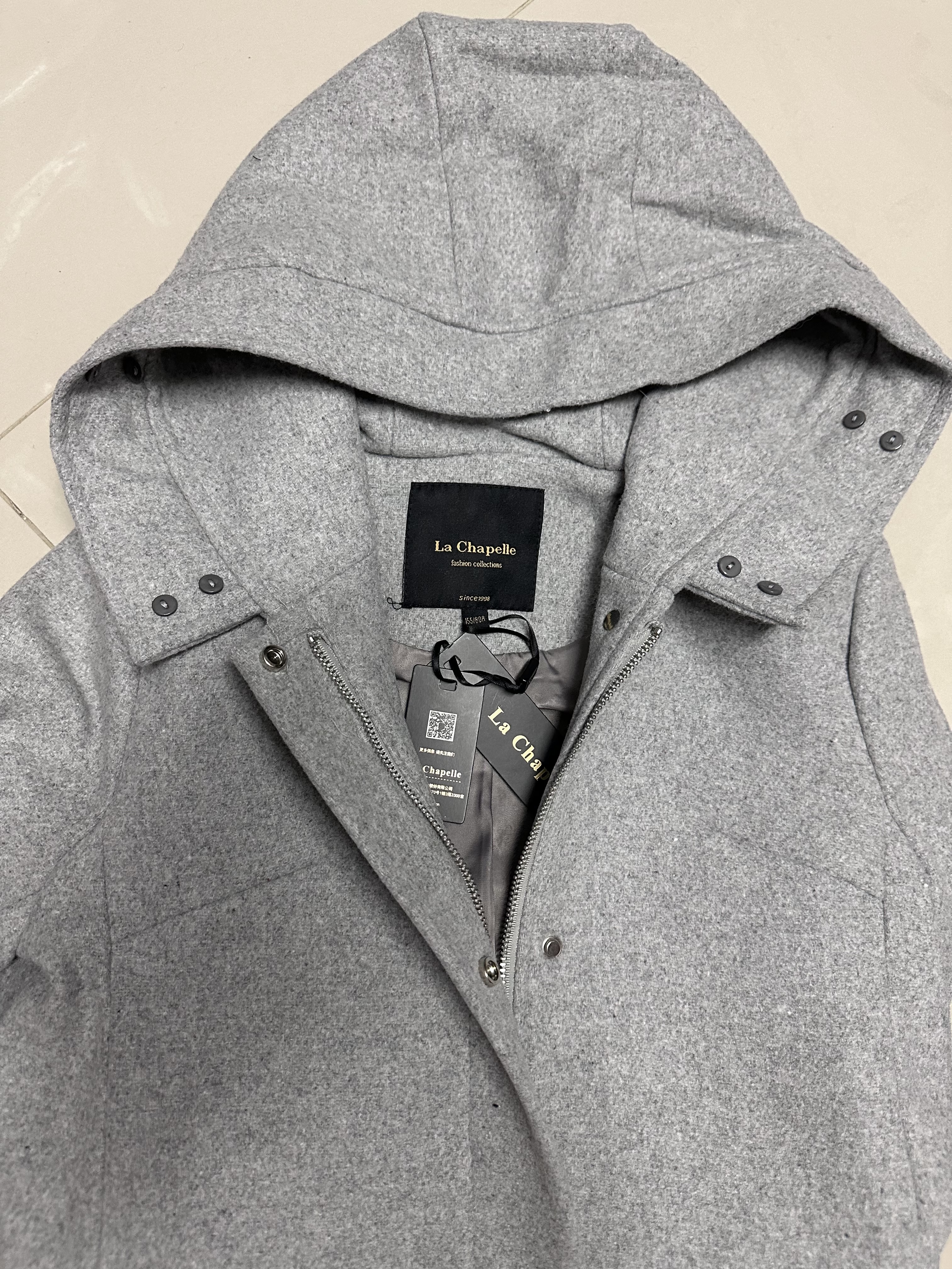 เสื้อโค้ท peacoat เสื้อโค้ทเฟอร์ โค้ทสักหลาดสีเทาอ่อน แบรนด์ La chapelle