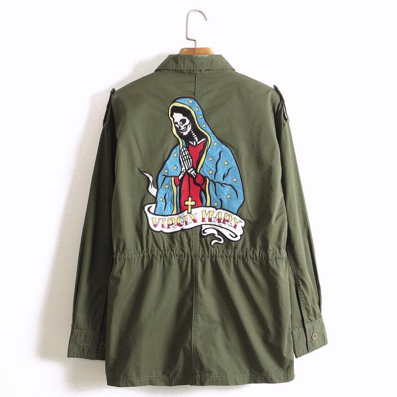 Virgin marry เสื้อนอกเขียวทหาร เสื้อแจ็คเก็ต แนวทหาร ลายปักVirgin marry เขียว