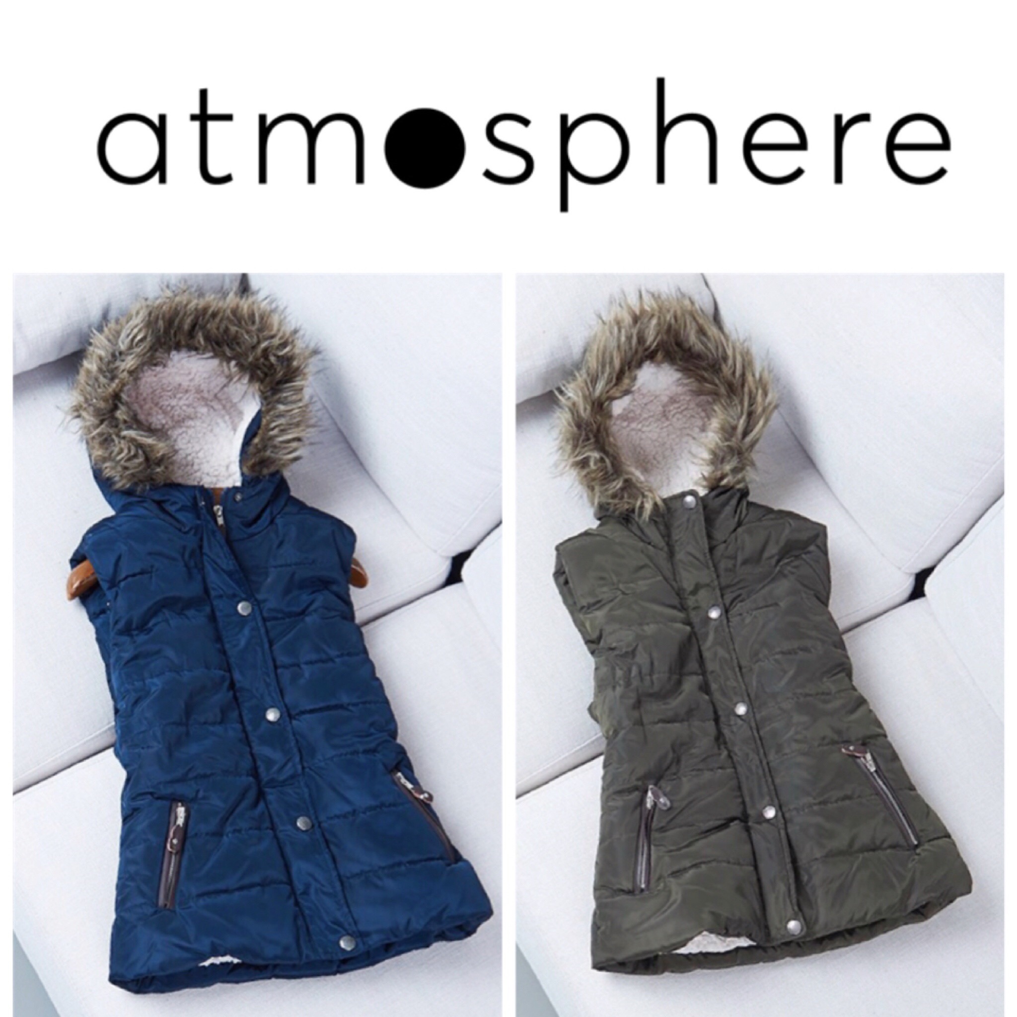 Atmosphere เสื้อกั๊ก กั๊กฮูทกันหนาว สีน้ำเงิน แบรนด์เนม ATMOSPHERE แท้ แต่งเฟอร์ ซับขนอุ่นสีขาวด้านใน สวย หรู อุ่นจ้า SIZE S/M/L/XL/XXL น้ำเงิน