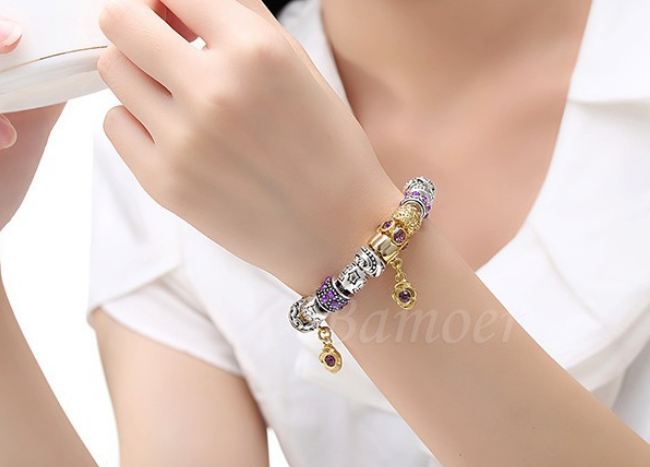 สร้อยข้อมือ Diy สร้อยข้อมือ Charm สไตล์ Pandora เงิน สลับ ทอง สลัก Best Friend เหมาะสำหรับ ให้วันเกิดเพื่อน ฝังคริสตัล อเมทิส สีม่วง หรู 6042295