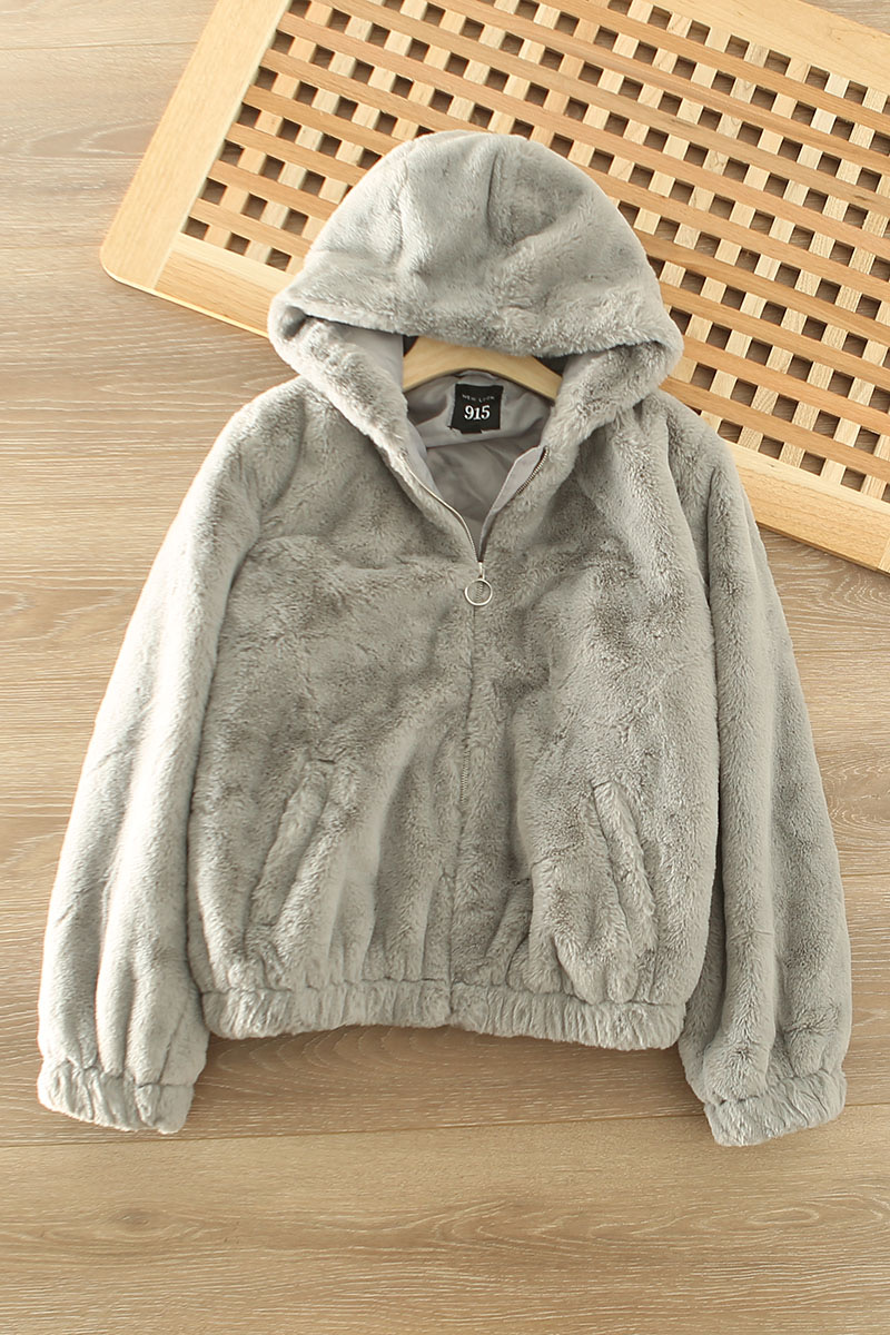 915 เสื้อเฟอร์กันหนาว หมวกฮู้ด เสื้อขน Fluffy coat แบรนด์ New look 915สำเนา เทา