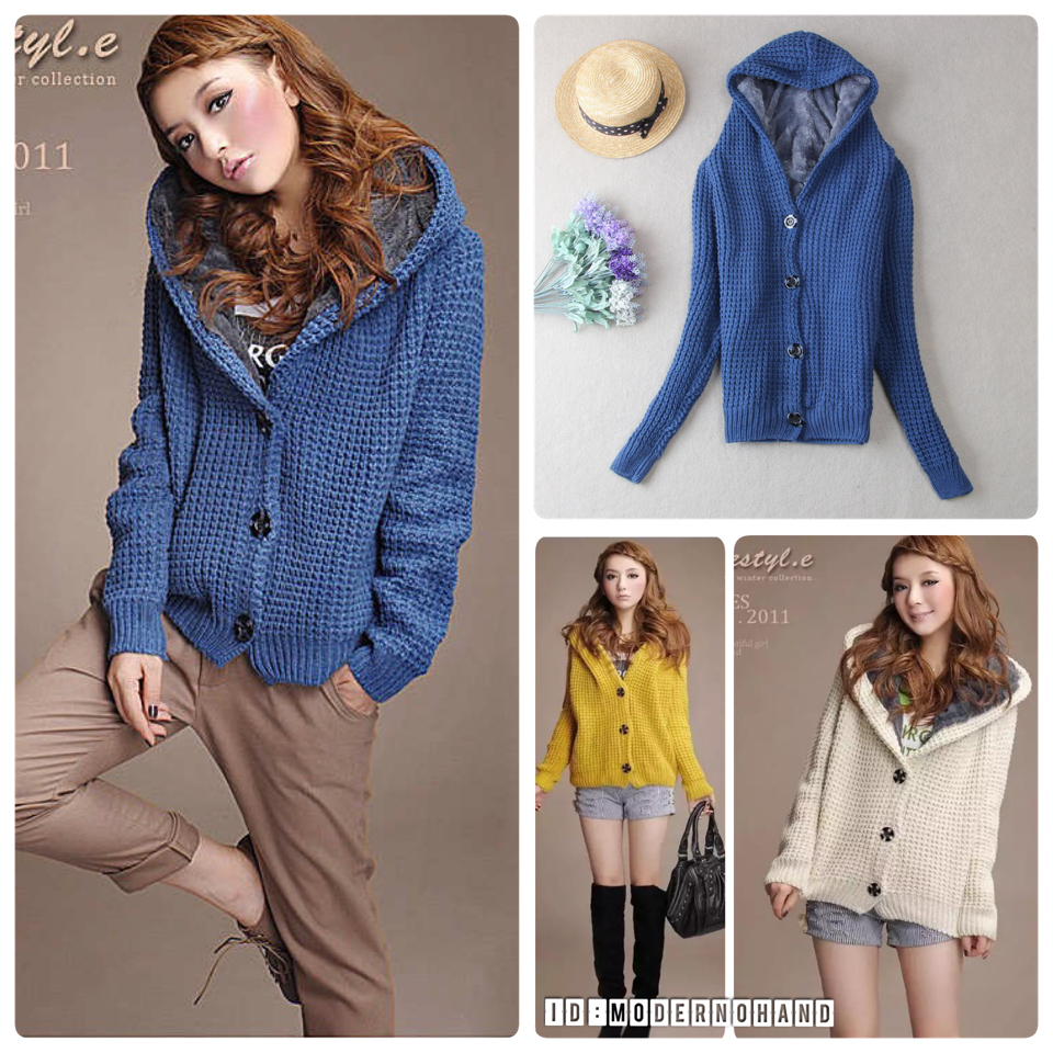 เสื้อกันหนาวไหมพรม สีน้ำเงิน แต่งหมวกฮูท ด้านในซับขนสีเทา เนื้อนุ่ม ใส่แล้วอุ่นมว๊ากคร่า Free size