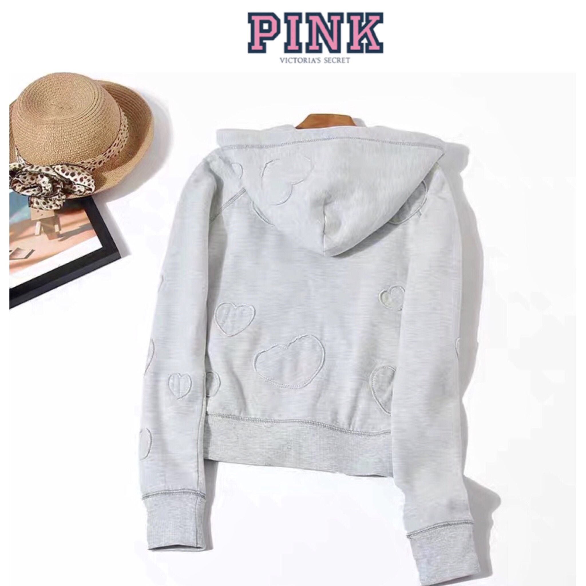 Pink by victoria's secret เสื้อแจ็คเก็ต เสื้อนอก เสื้อฮู้ดวอร์ม สีเทา แต่งลายปัก เทาอ่อน