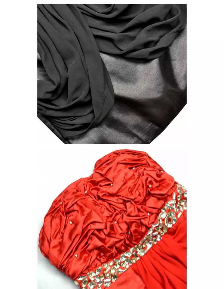 เดรสเกาะอกแต่งผ้าชีฟอง ติดเพชร เนื้อผ้าลื่นมัน เกรดไฮโซ สวยเปรี้ยว 2 สี:แดง /ดำ